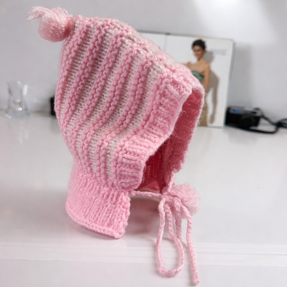 Hand Knit Baby Bonnet Hat | Pink & White Ribbed Knit · Cottagecore Heirloom Baby